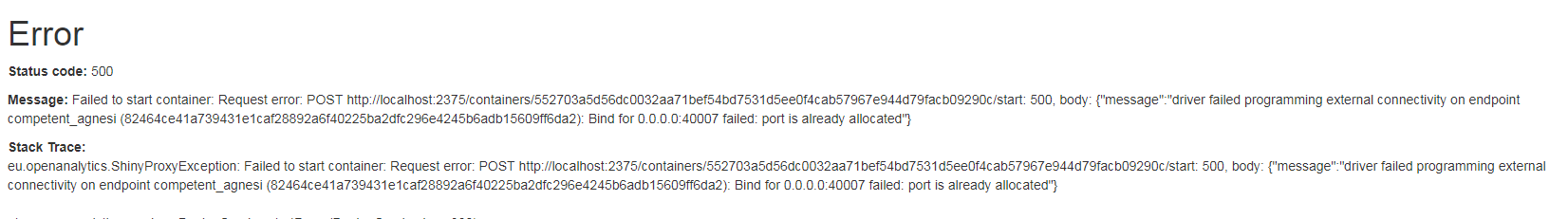 Error 500 Port Is Already Allocated Shinyproxy Open Analytics Community Support